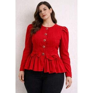 Connections Vintage 80s Red Peplum Bow Jacket Pleated Puff Sleeve Size 12 USA